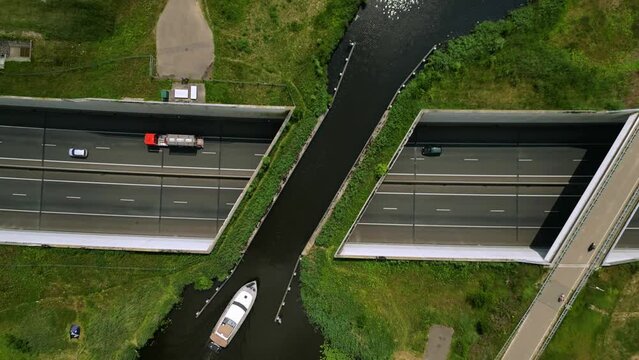 Top drone view of A4 Steenbergen Aqueduct in the Netherlands