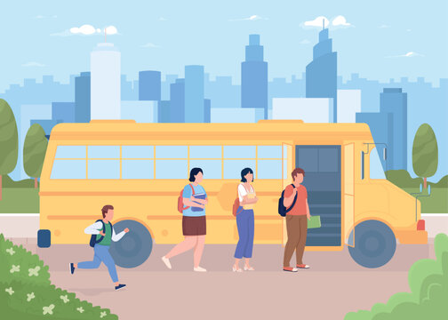 Children getting into school bus flat color vector illustration. Vehicle for students. Transportation service. Fully editable 2D simple cartoon characters with city street on background