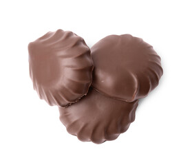 Delicious chocolate covered marshmallows isolated on white