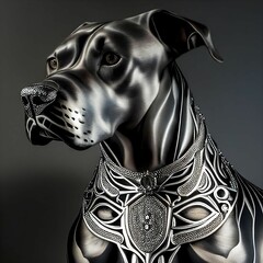AI genereerde een hyperrealistische illustratie van een zwarte Duitse Dog met een oude halsketting in Egyptische stijl