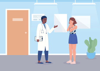 Crying woman at doctor appointment flat color vector illustration. Bad news for patient. Fully editable 2D simple cartoon characters with hospital on background. Bebas Neue font used