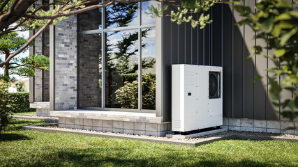 Heat pump installed at the wall of a single-family house 3d render showing renewable energy sources. - obrazy, fototapety, plakaty