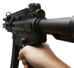 POV of MP5 rifle weapon shooting gun with red dot isolated transparent