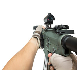 POV of M4 rifle weapon shooting gun with red dot isolated transparent