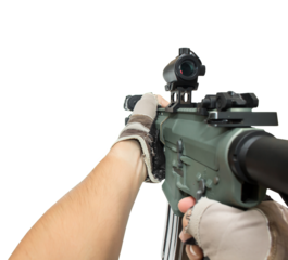 POV of M4 rifle weapon shooting gun with red dot isolated transparent