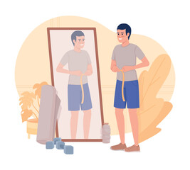 Man losing weight 2D vector isolated illustration. Sports activity for health flat character on cartoon background. Shaping colourful editable scene for mobile, website, presentation