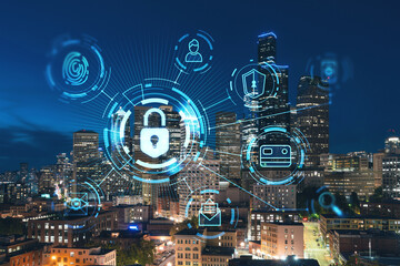 Illuminated aerial cityscape of Seattle, downtown at night time, Washington, USA. The concept of cyber security to protect confidential information, padlock hologram
