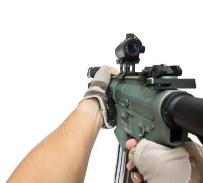 POV of M4 rifle weapon shooting gun with red dot isolated transparent
