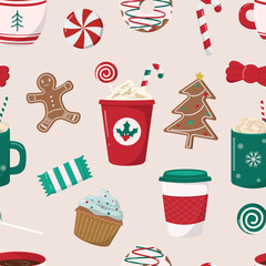 Hot winter drinks, sweets, and cookies seamless pattern on beige background. Coffee with cream, cocoa with marshmallow, cupcakes, donuts, cookies. Holiday themed digital paper.