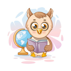 Cartoon owl with a book and a globe