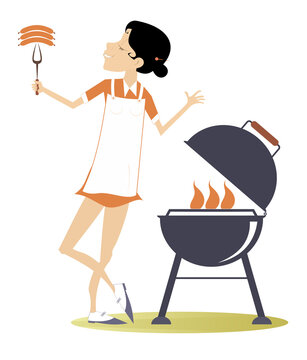 woman grilling sausages on barbecue clip art preview