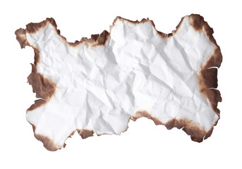 Obraz premium Piece of crumpled paper with dark burnt borders on white background, top view. Space for text