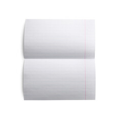 Lined sheet of paper with crease on white background, top view