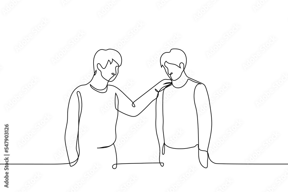 Wall mural man supports friend - one line drawing vector. concept man comforts his friend, moral and psychological support, skinship