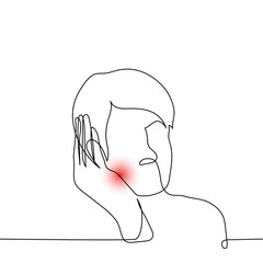man grabbed his cheek to the source of pain - one line drawing vector. concept acute toothache