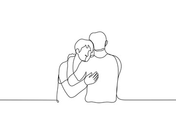 two men hugging - one line drawing vector. concept hug day, relationship of homosexual men