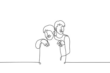 man carries a friend on his back - one line drawing vector. concept smiling friends, skinship