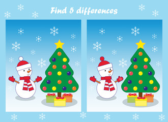 Game for kids. Find 5 differences. Christmas tree and snowman.