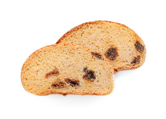 Sweet hard chuck crackers with raisins on white background, top view