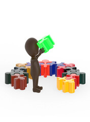 Naklejka premium 3d brown character arranging jigsaw