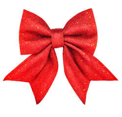 Elegant festive red bow isolated on white background. Bow-knot of sequin fabric