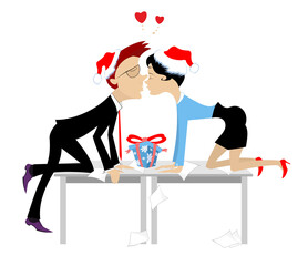 Office romance, Christmas and New Year holidays.  Boss and his receptionist fall in love in the office isolated on white illustration