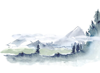 Fototapeta na wymiar Watercolor landscape of mountains and forests. Mountains in the fog, abstract mountain landscape for postcards and invitations. Adventure in the mountains, hiking in the mountains