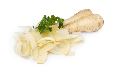 Whole and sliced fresh ripe parsnip with leaves on white background - obrazy, fototapety, plakaty
