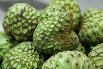 Delicious green cherimoya fruits on market stall, closeup