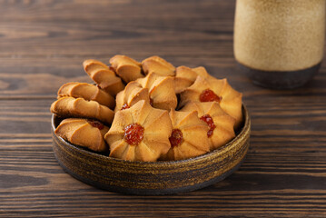 Shortbread kurabye on wooden table. Butter Cookies for Chinese New Year.