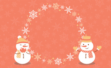 円形の雪の結晶と雪だるまをあしらった冬のあったか催事フレーム_暖色_文字なし