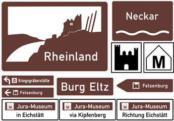 Naklejka premium Tourist Information Signs, Road signs that provide tourist information are normally in dark brown.