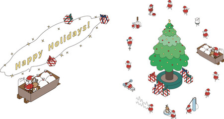 様々なポーズのサンタクロースのセットアイソメイラスト