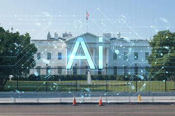 Obraz na płótnie Canvas The White House at day, Washington DC, USA. Executive branch. President administration. Artificial Intelligence concept, hologram. AI, machine learning, neural network, robotics