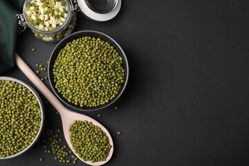Different dishware with green mung beans on black background, flat lay. Space for text
