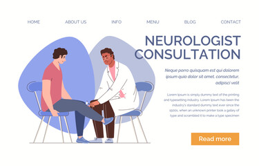Patient at neurologist's appointment. Doctor taps with neurological hammer on knee of seated man. Isolated on white background. Vector characters flat cartoon illustration. Web template, landing page.
