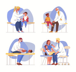 Patients on reception at doctors of narrow specialization and pediatrician. Diagnosis of children's health. In physician's office for medical examination. Vector characters flat cartoon illustrations.
