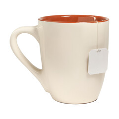 Beige ceramic mug with teabag label. isolated on a transparent background - obrazy, fototapety, plakaty