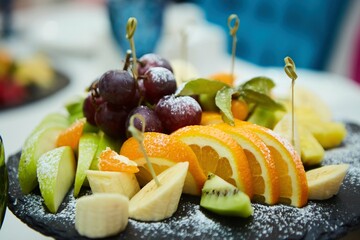 Assorted types of fruits. Serving fruit for the holiday table.