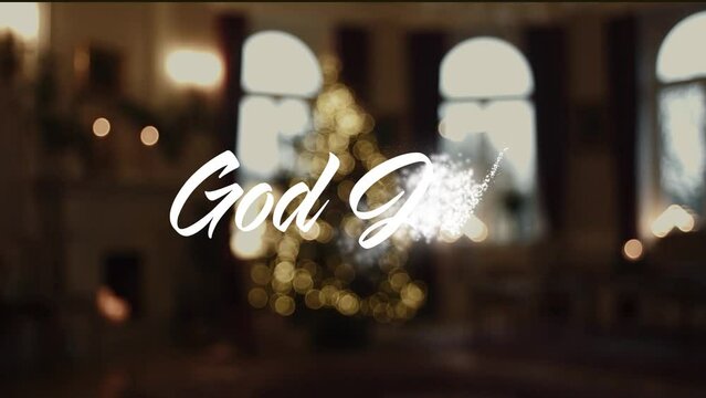God Jul! Swedish christmas greeting and sparkler text animation with particles and flares on a christmas background. Ideal gift card or screensaver on television in a hotel, bar or restaurant.
