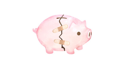 絆創膏を貼られた豚の貯金箱の水彩風背景透過イラスト