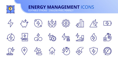 Simple set of outline icons about energy management. Sustainable development