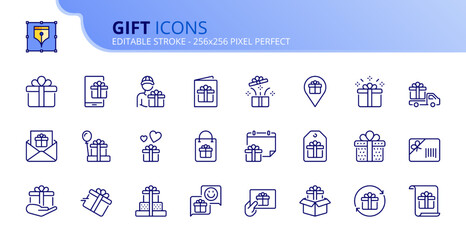 Simple set of outline icons about gift. Shopping concept.