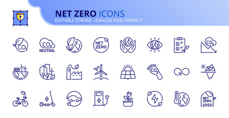 Simple set of outline icons about net zero. Sustainable development.