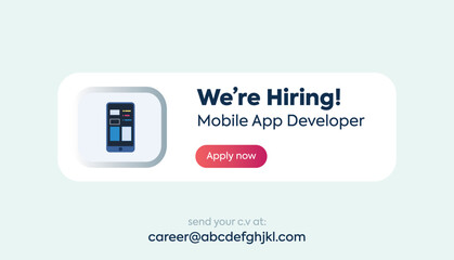 We are hiring. We are hiring a Mobile App Developer vacancy website pop up.  Mobile Developer Hiring Facebook Post. We are hiring poster. Jobs for Android and IOS Mobile Application Developer.