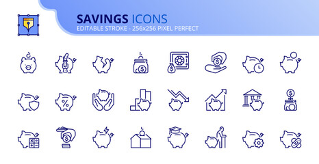 Simple set of outline icons about savings. Financial concept.