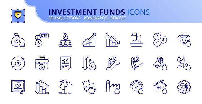 Simple set of outline icons about investment fund. Financial concept.