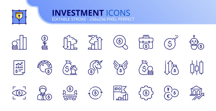 Simple set of outline icons about investment. Financial concept.