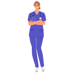 Nurse standing with arms crossed isolated on white background. Medical worker with stethoscope and wearing scrubs. Smiling character. Flat style, vector illustration.