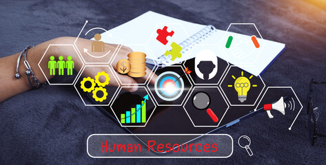 human resources personnel analysis concept : Changing the HR Landscape for Sustainable Business Success Driven by insights and focused on goals, processes, goals, skills - obrazy, fototapety, plakaty